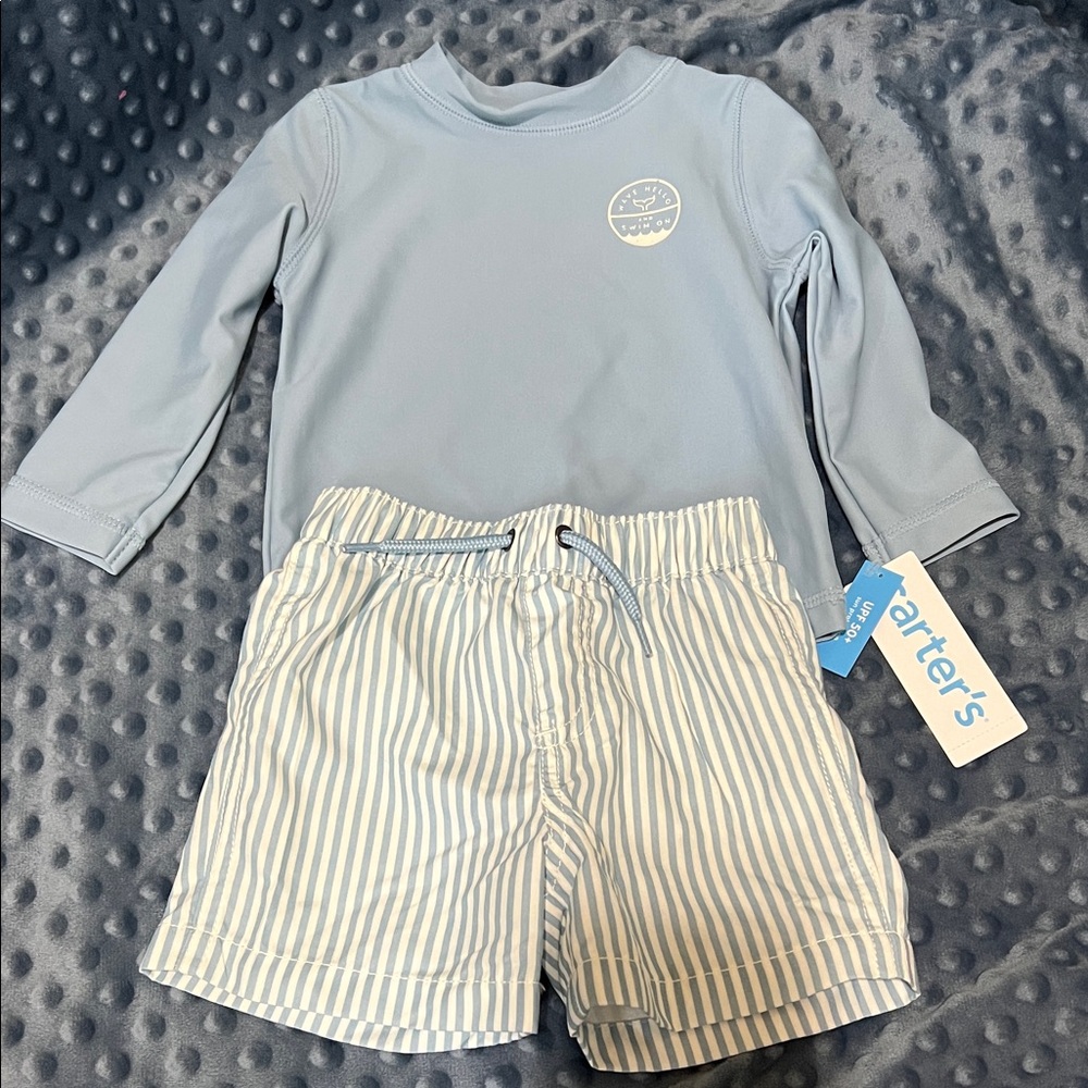 Carter's Light Blue Long-Sleeve Rash Guard with Striped Swim Shorts